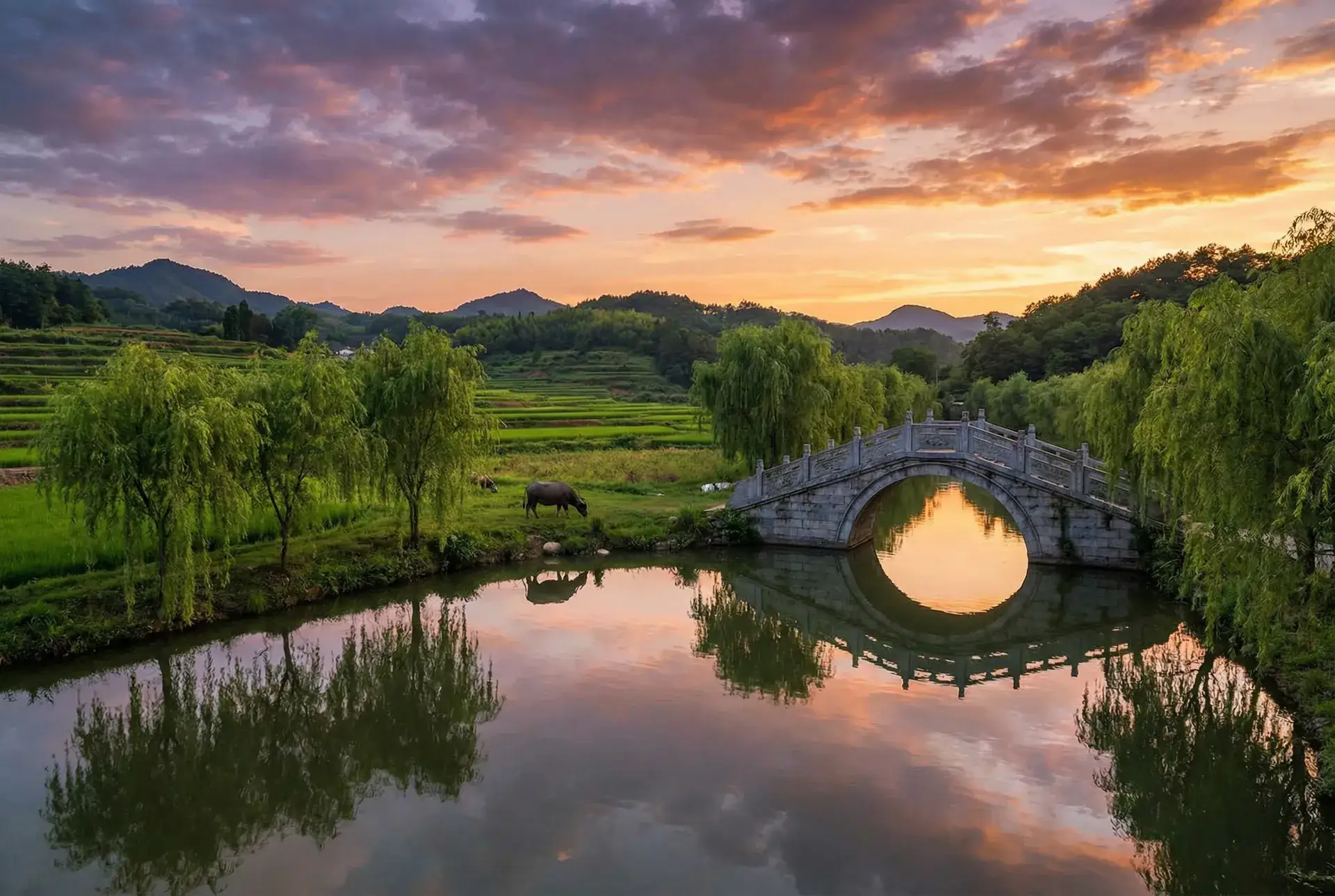 夕阳下的石拱桥与垂柳，水牛在河边吃草 - 无人区卡一卡二卡乱码入口 乡村美景